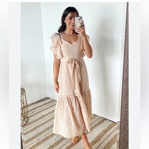 HYFVE Mackenzie Eyelet Tiered Ruffle Sleeve Maxi Dress Blush
